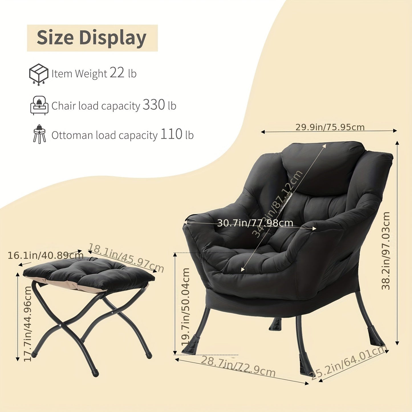 Lazy Chair with Foldable Ottoman, Modern Comfy Lounge Chair, Large Sofa Armchair with Footrest And A Side Pocket, Leisure Reading Chair with Footstool for Bedroom, Living Room, Dorm, Black, Bedroom Seating, Dorm Room Furnitur SS69