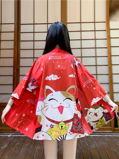 [Costume Delight] Anime Cosplay Kimono Cardigan - Lucky Cat & Festive Motifs, Lightweight Polyester, 3/4 Sleeve, Open Front Shawl - Ideal for Spring/Summer, Sun Protection, Halloween & Christmas Costumes SS69