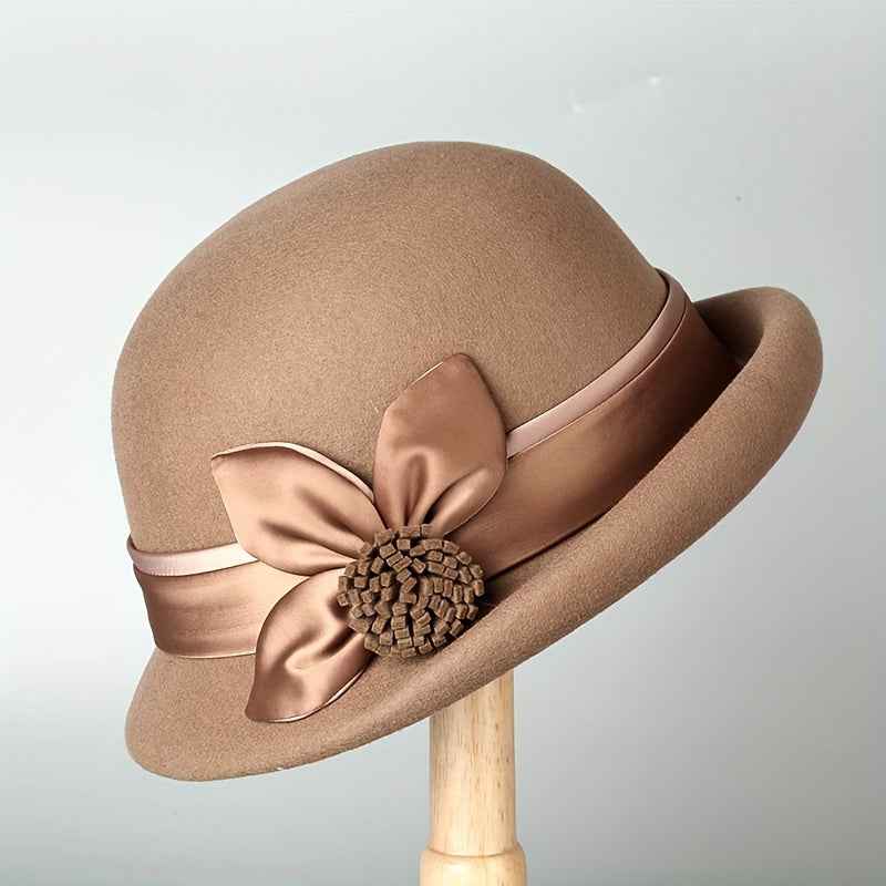 Women'S Elegant English Style Felt Hat - Lightweight Thermal Wide Brimmed Winter Bucket Hat with Brown Neckline, Soft Non-Elastic Design & Ear Flaps, All-Season Snug Fit for Weddings, Parties, New Year'S Events - Machine Wash