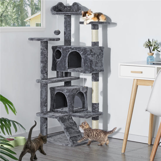 Costoffs Cat Tree 54in/70in/62in/80in/23.5in Cat Tower Condo with 2 Condos & 2 Dangling Balls & 3 Scratching Posts Large Cat House for for Kittens & Cats, Dark Gray/Light Gray/Beige/Black/Pink/Brown/Navy Blue/Green, Brown/W SS69 46.69 Dark Gray / 54in