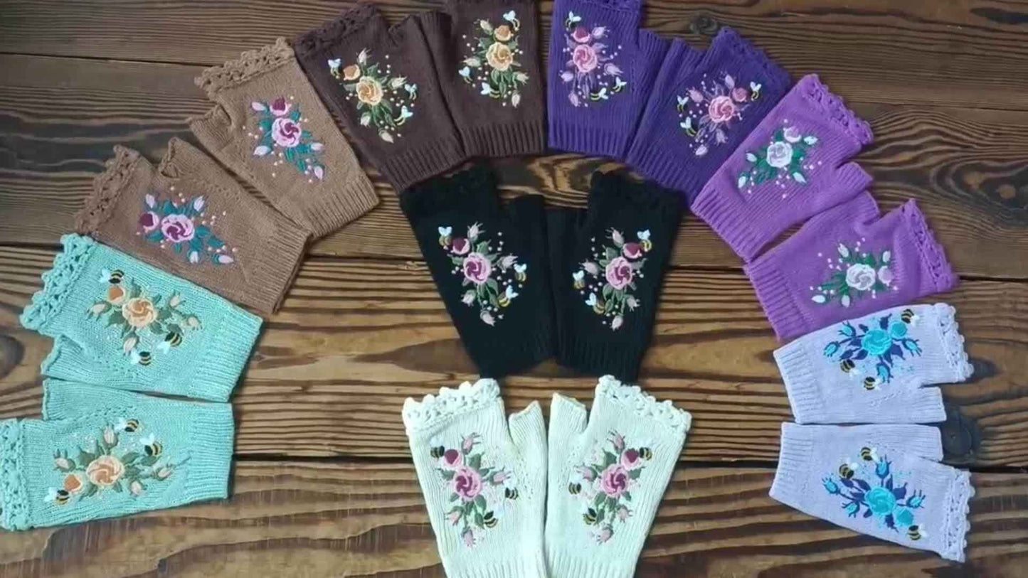 Short Fingerless Elastic Flower Bee Embroidered Knit Gloves Autumn Winter Coldproof Warm Gloves