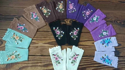 Short Fingerless Elastic Flower Bee Embroidered Knit Gloves Autumn Winter Coldproof Warm Gloves