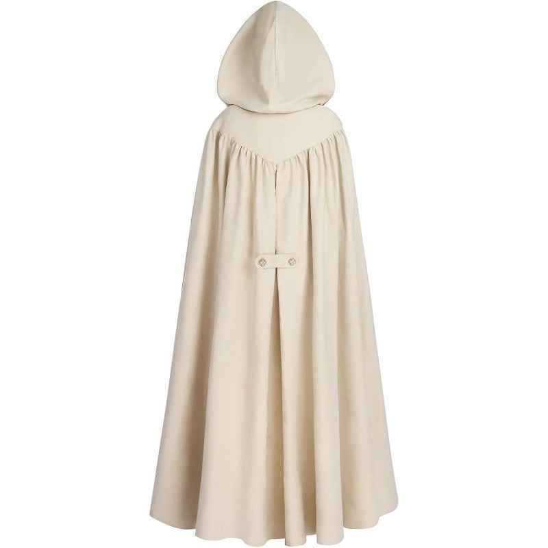 Medieval-Style Hooded Cape Costume, Celtic Knot & Satin Trim, Adjustable Tie-Front Closure, Renaissance Faire Outfit for Renaissance Festival Cosplay Themed Parties, Beige Pink Dark Green Burgundy
