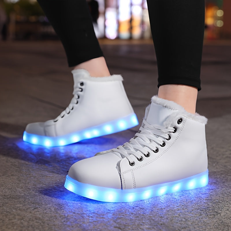 LED Glow Shoes - USB-Powered Winter Warmth, High-Top Sneakers with Glowing Lights, Lace-Up Closure, TPR Sole - for Men & Women, Skateboarding, Winter Sports, Skateboarding Footwear, Trendy Footwear, Durable Footwear