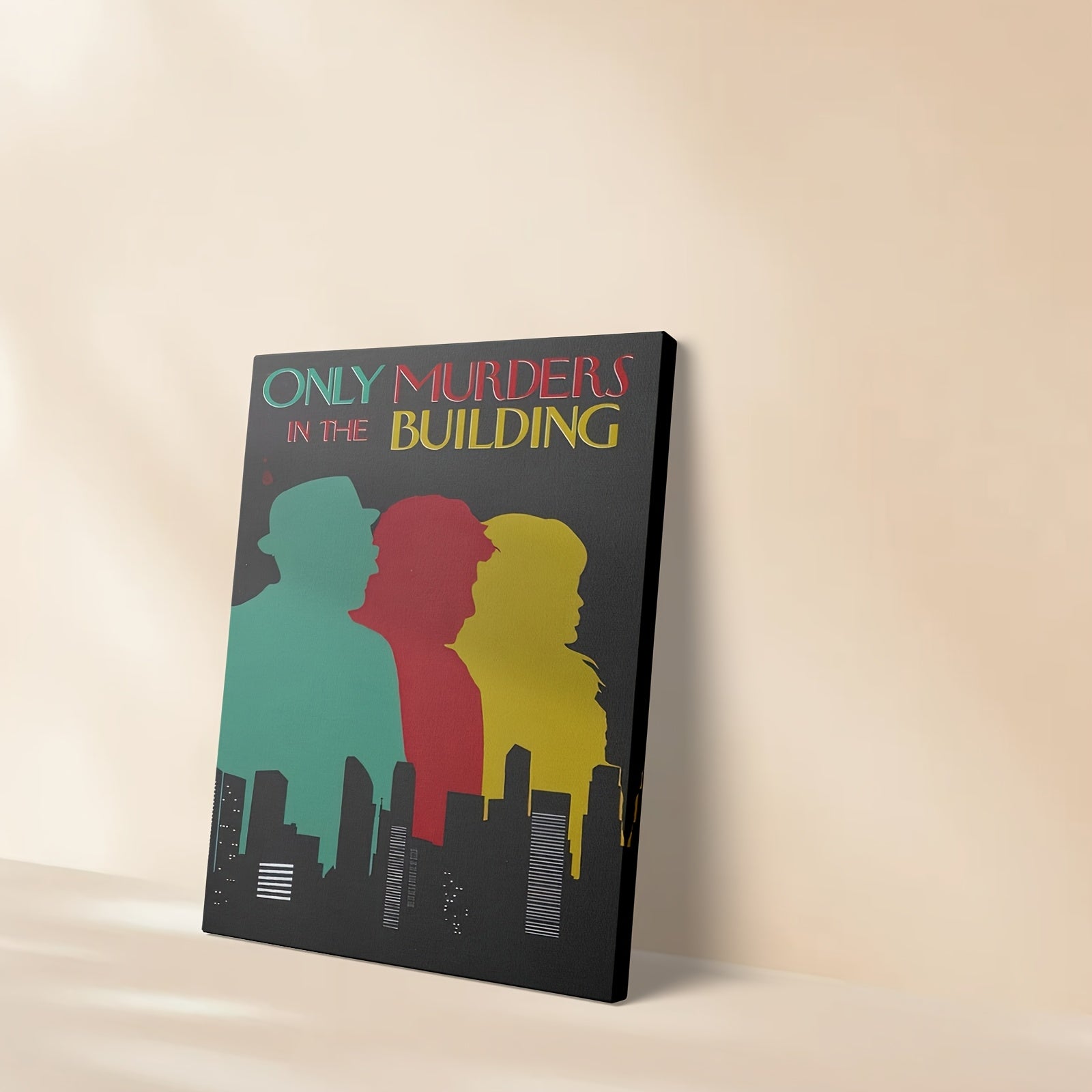 1pc Framed Canvas Painting - Only Murders in the Building Inspired Mystery Drama Decor - Dark Background with Green, Red, Yellow - Ready-to-Hang for Living Room, Office, Cafe - True Crime Fan Gift Idea - Framed Flat Canvas Wa SS69