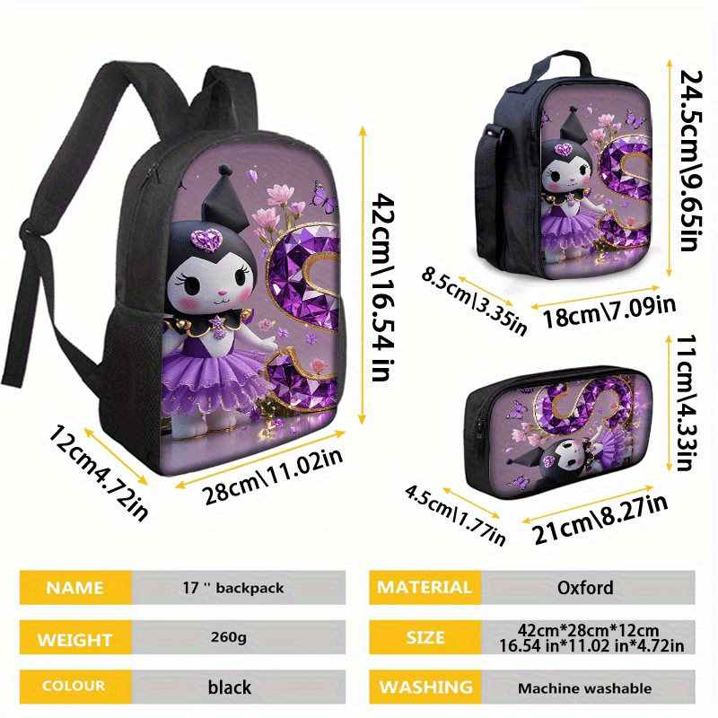 3pcs Sanrio Kuromi Backpack & Lunch Box Set Compatible for Kuromi - Cute Anime School Bag with Laptop Compartment, Large Capacity Bookbag for, Women, (, Kuromi-Themed)