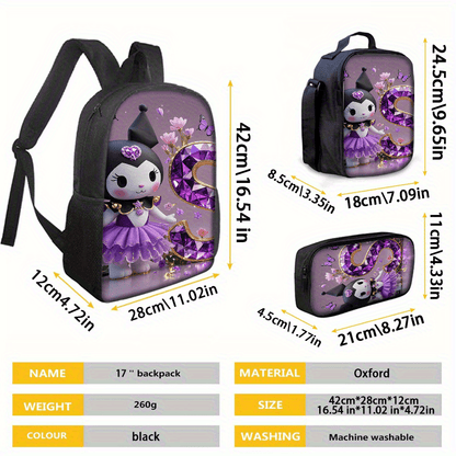 3pcs Sanrio Kuromi Backpack & Lunch Box Set Compatible for Kuromi - Cute Anime School Bag with Laptop Compartment, Large Capacity Bookbag for, Women, (, Kuromi-Themed)