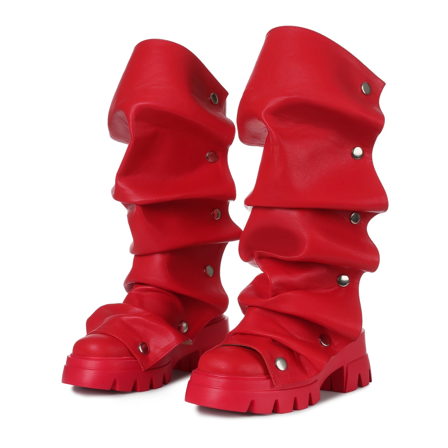 Women'S Round Toe Ruched Studded Mid Calf Chunky Heel Boots Stylish Boots Casual Dating Shoes SS69 64.69 US 7 / 【Red】