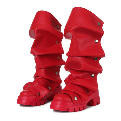 Women'S Round Toe Ruched Studded Mid Calf Chunky Heel Boots Stylish Boots Casual Dating Shoes SS69 64.69 US 7 / 【Red】