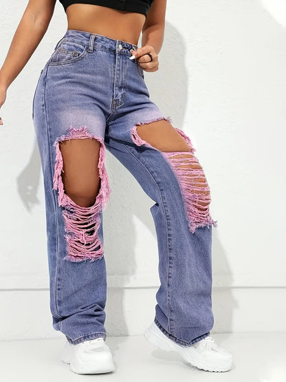 Trendy Retro High-Waisted Ripped Wide-Leg Jeans for Women - Distressed Denim with Pink Frayed Hems, Mid-Rise, Loose Fit, Machine Washable, All-Season Casual Wear SS69