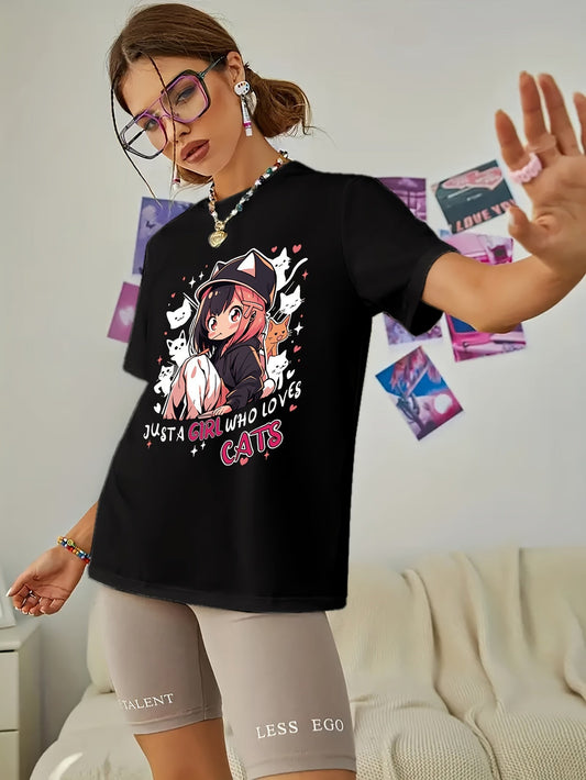 Anime Print T-shirt, Casual Short Sleeve Crew Neck Top For Spring & Summer, Women's Clothing SS69