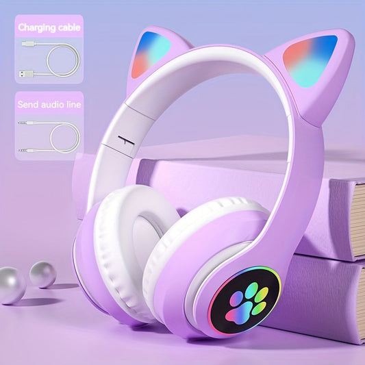 Wireless & Wired Foldable Cat Ear Over-Ear Gaming Headset With LED Lights - Hi-Fi Stereo, Detachable Audio Cable, Built-in Mic, USB Rechargeable, Perfect Gift For Anime & Gaming Girls SS69