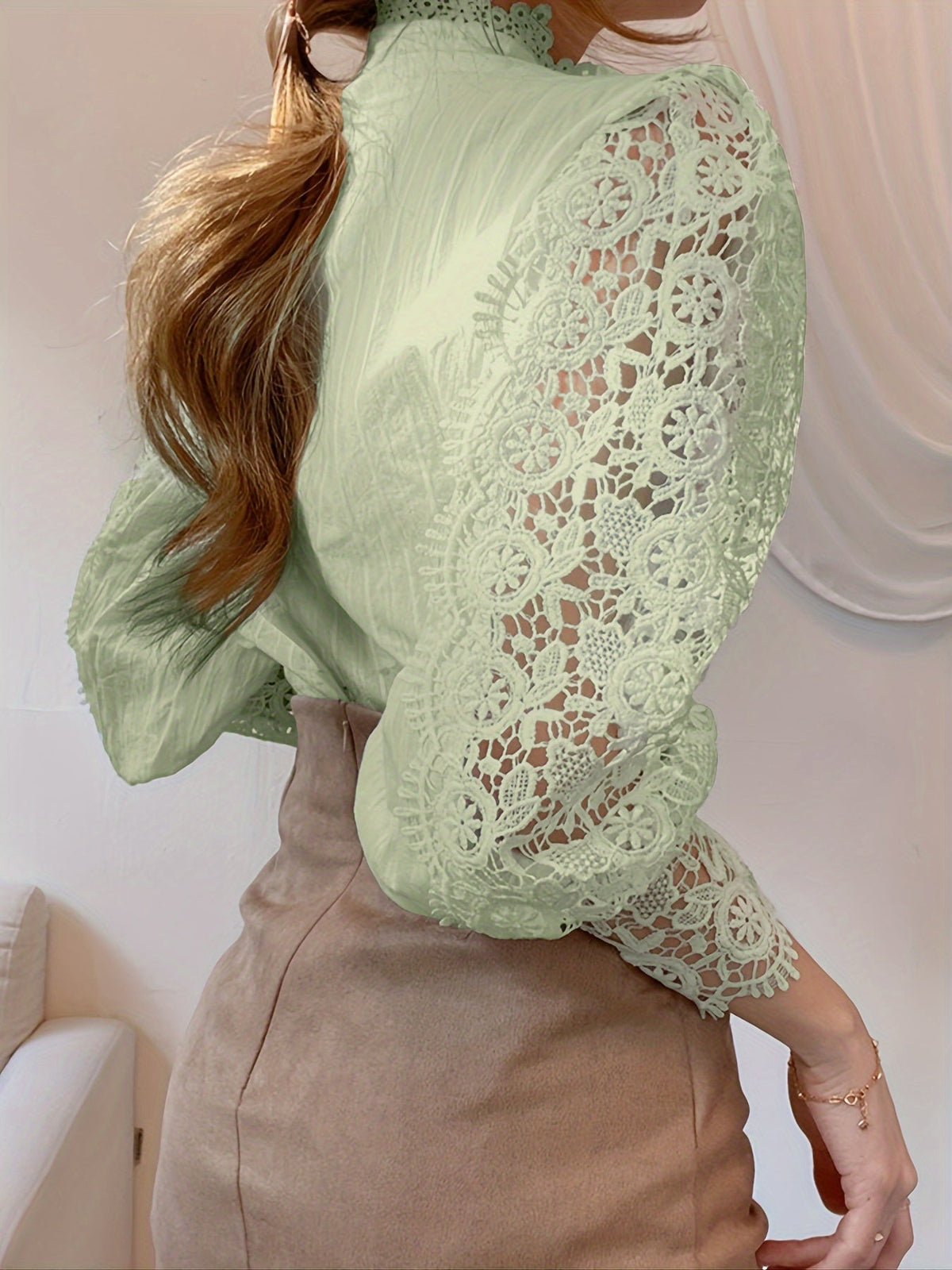 [Pearl Button Blouse] Pearl Button Elegant Victorian-Inspired Lace Blouse - Long Sleeve Mock Neck Green Polyester Pleated Design for Women, Perfect for Halloween Cosplay & Gothic Fashion SS69