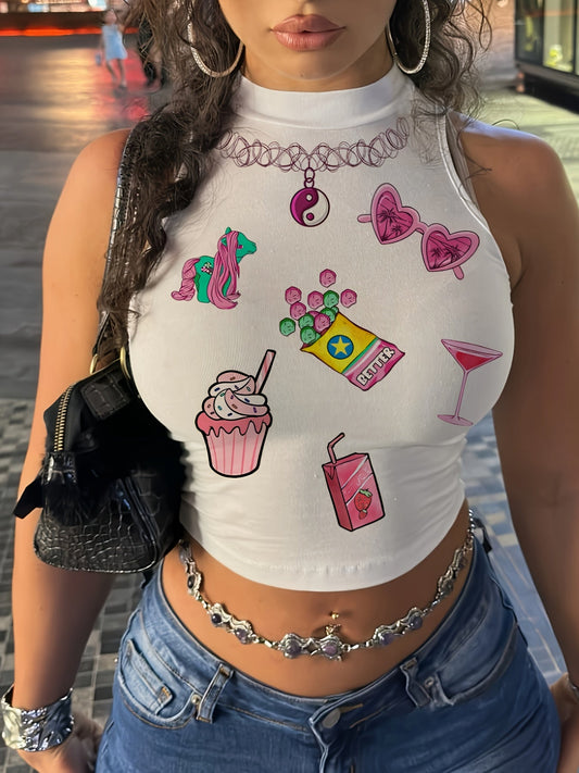 Women's Y2K-Inspired Graphic Print Tank Top - Stretchy Polyester & Spandex Blend, Crew Neck, Machine Washable - Perfect for Spring/Summer/Fall, White with Pinkish-Purple Hair Accessories Design SS69