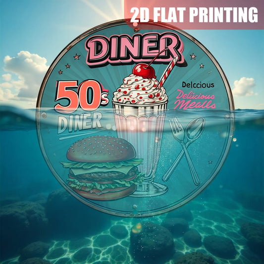 1pc Vintage Round Metal Tin Sign - 8" Retro Aluminum Wall Decor with "50's Diner" Design, Cherry Red & Cream Burger Theme, Durable Craft Decoration for Home, Farmhouse, Porch, Outdoor & Room Decor, Metal Wall Art Decor SS69