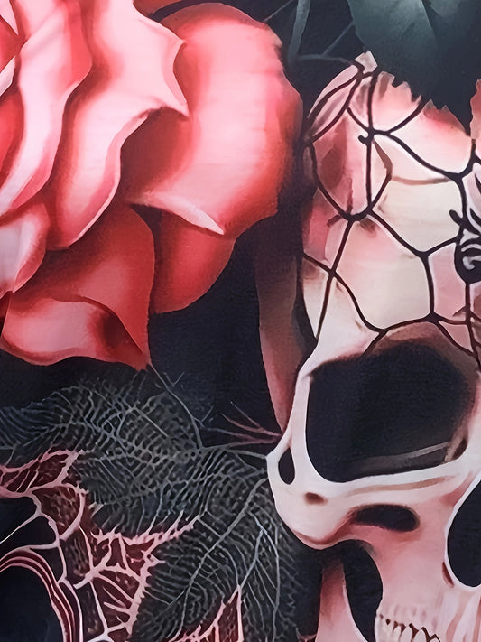 Dark Pink Women's Gothic Skull & Rose Print T-Shirt - Off-Shoulder, Loose Fit, Short Sleeve, Black Spider Web & Lace Detailing, Casual Summer Top, Relaxed Fit Tee | Unique Print Top | Digital Print Fabric, Goth T Shirt SS69
