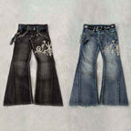 Women's Vintage Y2K Jeans - Mid-Rise Flared Pants, Washed Black Retro Leggings for 2000s Fashion Outfits, Casual & Formal Events - All-Season Jeans, Embroidered Details, Durable Fabric, Stylish Bottoms, Women, Trendy Outfit,