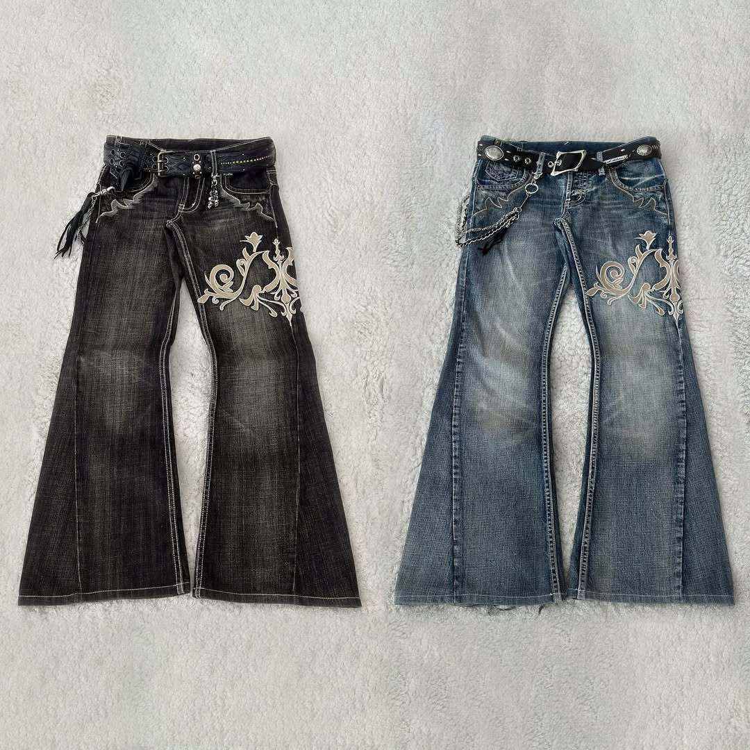 Women's Vintage Y2K Jeans - Mid-Rise Flared Pants, Washed Black Retro Leggings for 2000s Fashion Outfits, Casual & Formal Events - All-Season Jeans, Embroidered Details, Durable Fabric, Stylish Bottoms, Women, Trendy Outfit,
