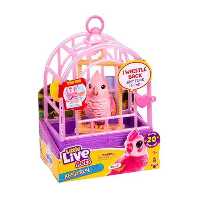 USONE Little Live Pets Rosie the Really Real Talking Bird Toy - Interactive Voice-Recording & Singing Robot-like Bird with 20+ Sounds, Touch-Activated Reactions, Pink/Purple Cage & Swing for Ages 5-7+ ( Included)