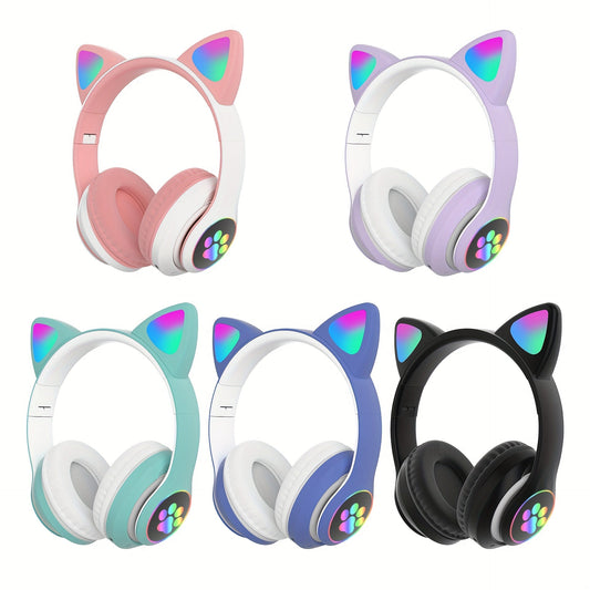 Wireless & Wired Foldable Cat Ear Over-Ear Gaming Headset With LED Lights - Hi-Fi Stereo, Detachable Audio Cable, Built-in Mic, USB Rechargeable, Perfect Gift For Anime & Gaming Girls SS69