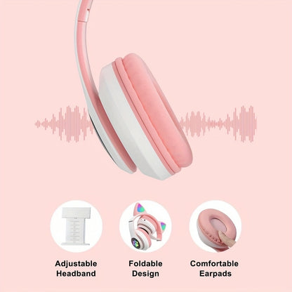 Wireless & Wired Foldable Cat Ear Over-Ear Gaming Headset With LED Lights - Hi-Fi Stereo, Detachable Audio Cable, Built-in Mic, USB Rechargeable, Perfect Gift For Anime & Gaming Girls SS69