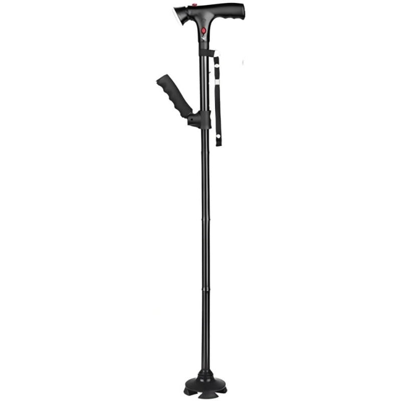 Heavy-Duty Folding Cane with LED Light & Alarm - Adjustable Height (5-Tier/83.82cm-96.52cm) Cane Suitable for, Stick with Pivoting Quad Base, Slip-Resistant Tip, T-Handle & Wrist Strap (Collapsible Crutch)