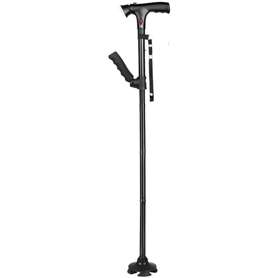 Heavy-Duty Folding Cane with LED Light & Alarm - Adjustable Height (5-Tier/83.82cm-96.52cm) Cane Suitable for, Stick with Pivoting Quad Base, Slip-Resistant Tip, T-Handle & Wrist Strap (Collapsible Crutch)