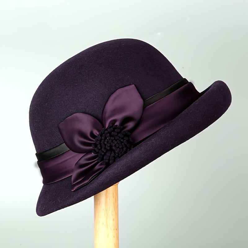 Women'S Elegant English Style Felt Hat - Lightweight Thermal Wide Brimmed Winter Bucket Hat with Brown Neckline, Soft Non-Elastic Design & Ear Flaps, All-Season Snug Fit for Weddings, Parties, New Year'S Events - Machine Wash