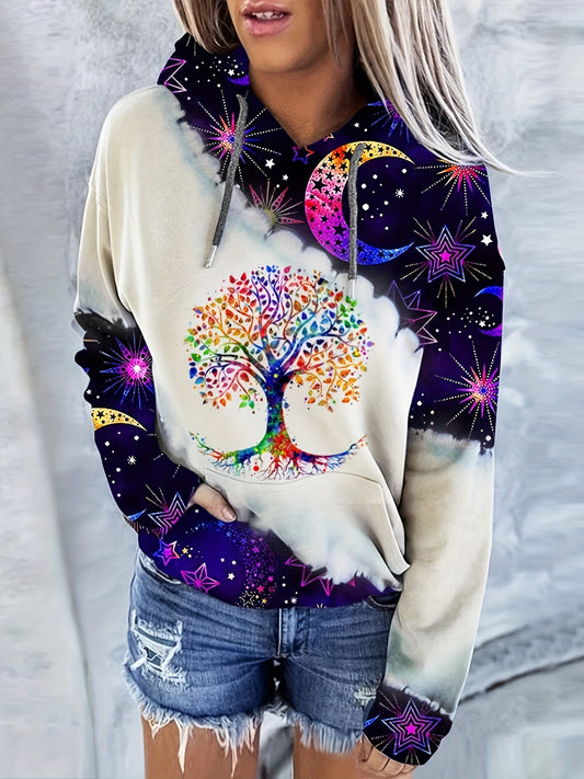 Casual Long Sleeve Moon & Tree Print Drawstring Hoodie - Kangaroo Pocket Sweatshirt for Women SS69