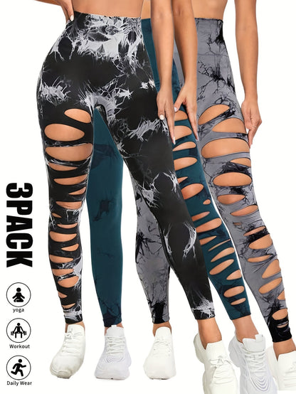 3 Pack High Waist Tie Dye Cutout Yoga Leggings - Scrunch Butt Lifting, Tummy Control, Elastic Workout Pants for Women SS69