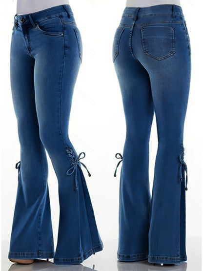 Women'S 100% High-Stretch Mid-Rise Slim Flared Jeans with Tie-Front Detail - SS69 