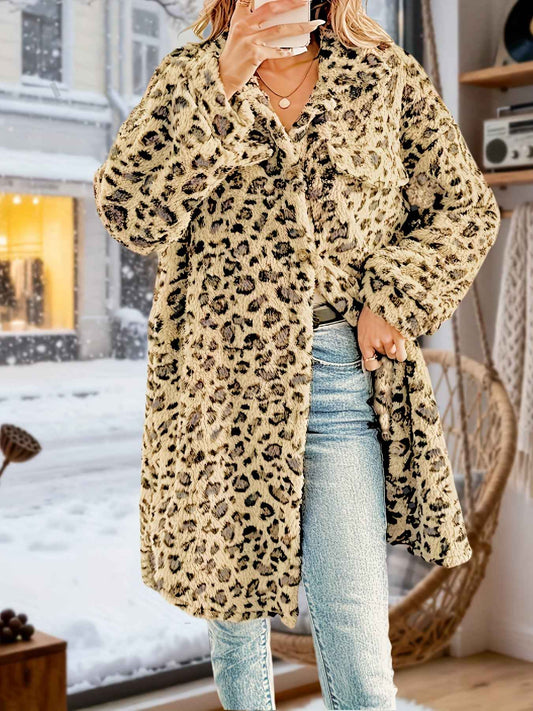 Plus Size - Plus Size - Plus Size - Plus Size - Plus Size - Women'S Plus Size Leopard Print Coat - Casual Long Sleeve Button-Up Jacket with Lapel Collar, Medium Stretch Fabric, Perfect For Fall/winter, Leopard Print Jacket, W