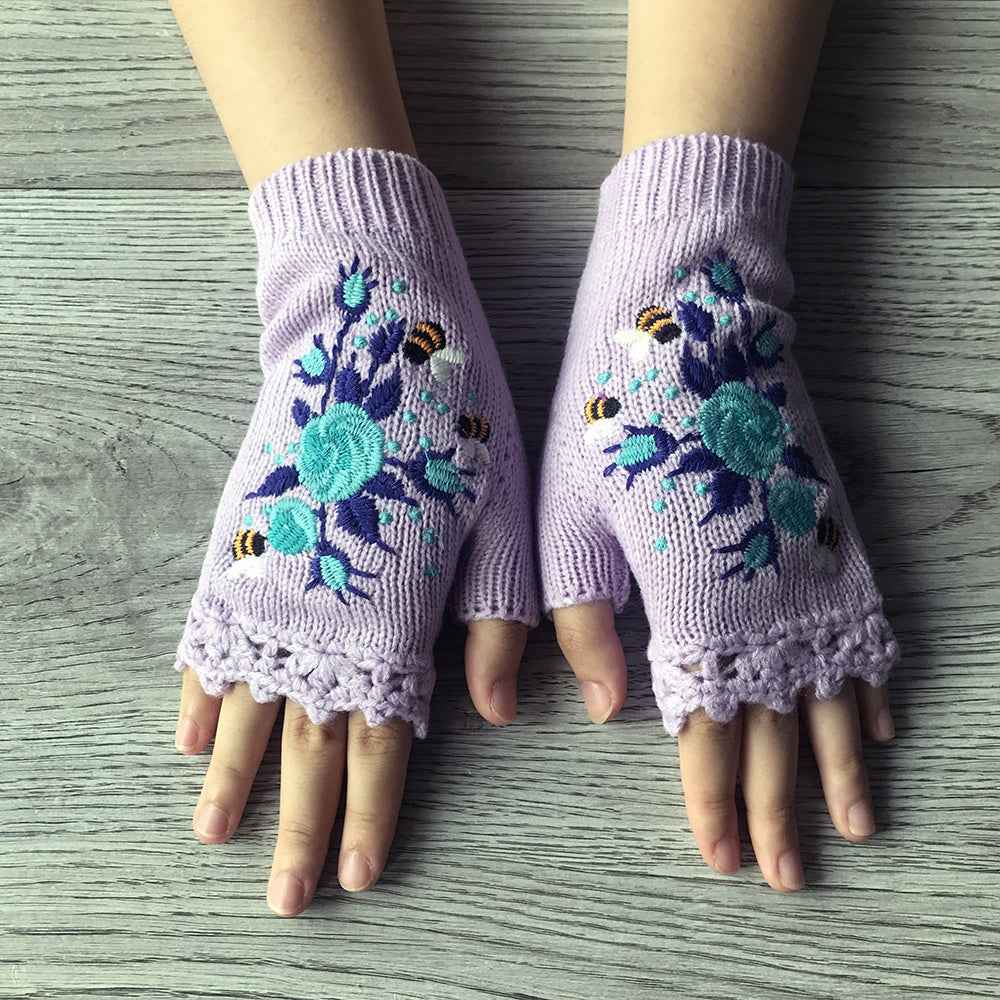 Short Fingerless Elastic Flower Bee Embroidered Knit Gloves Autumn Winter Coldproof Warm Gloves