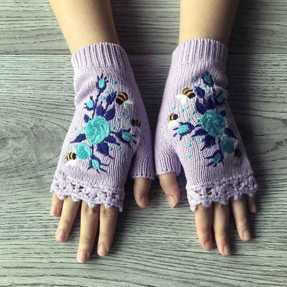 Short Fingerless Elastic Flower Bee Embroidered Knit Gloves Autumn Winter Coldproof Warm Gloves