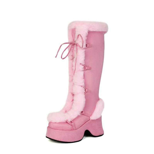 Women's Y2K Goth Boots/Faux Fur Knee-High Platform Winter/Chunky Heel & Lace-Up Closure/Warm Pink Furry Collar/Square Toe/Thick Rubber Sole & PU Cover/Cozy Snow Boots for Christmas, Parties & Casual Attire/Cold Weather Footwe