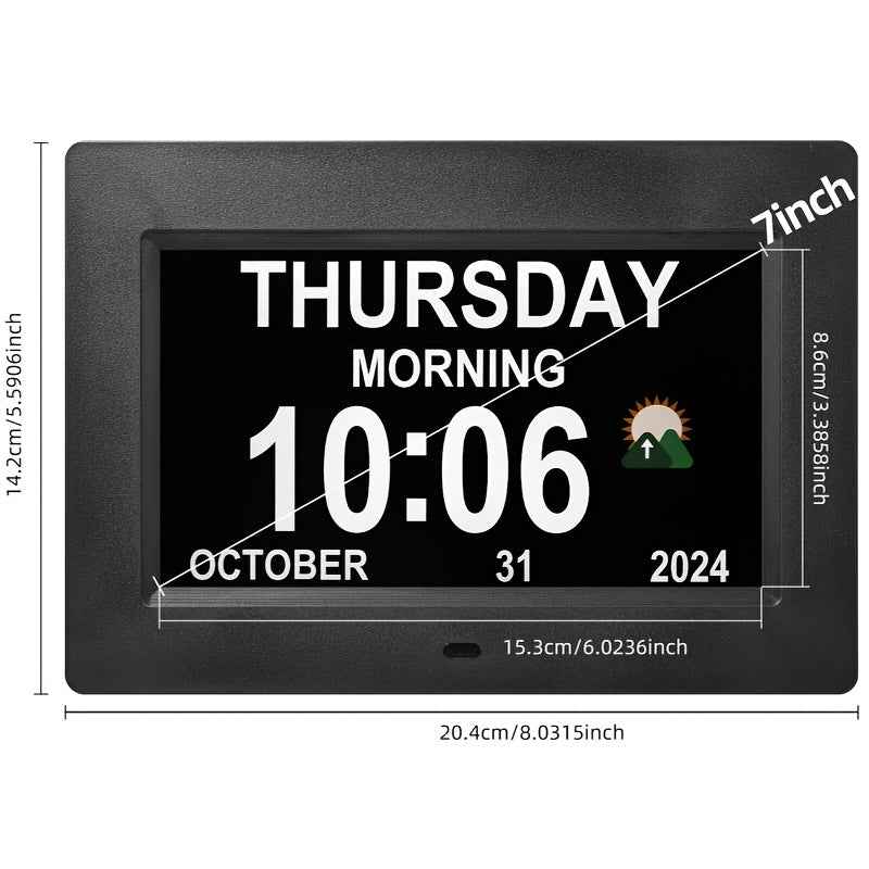 Large Digital Clock Designed for Seniors with Dementia, Featuring a Calendar Display, Alarms, And Functions As a Wall Clock Showing Day And Date. It Also Serves As an Alarm Clock, Desk Clock, Electronic Photo Frame, And Suppo