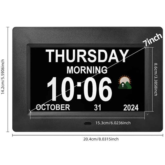 Large Digital Clock Designed for Seniors with Dementia, Featuring a Calendar Display, Alarms, And Functions As a Wall Clock Showing Day And Date. It Also Serves As an Alarm Clock, Desk Clock, Electronic Photo Frame, And Suppo