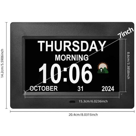 Large Digital Clock Designed for Seniors with Dementia, Featuring a Calendar Display, Alarms, And Functions As a Wall Clock Showing Day And Date. It Also Serves As an Alarm Clock, Desk Clock, Electronic Photo Frame, And Suppo