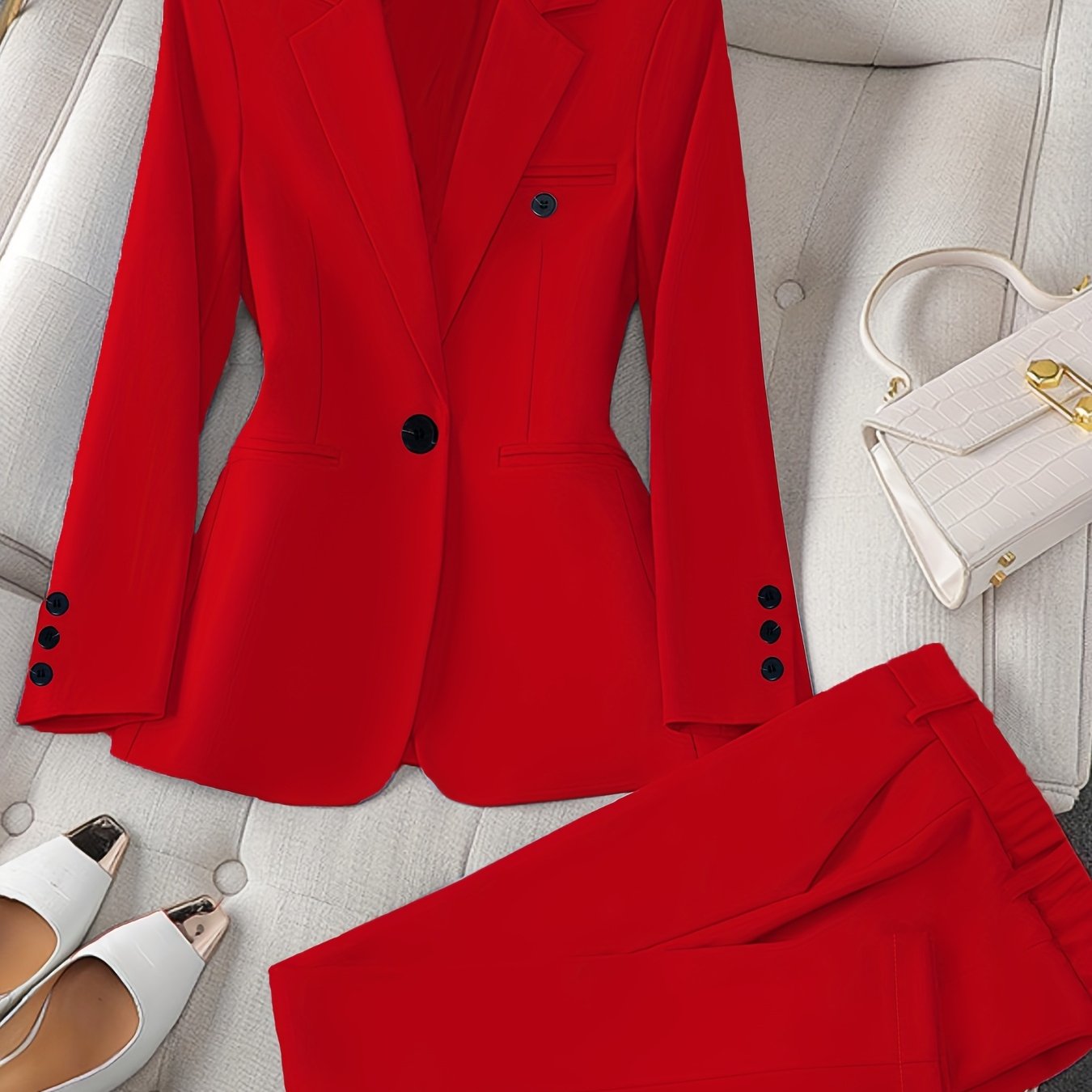 Women'S Casual Two-Piece Set, Fashionable Business Style, Solid Color, Long Sleeve, Polyester, with Lapel Collar, and Pants, for All Seasons SS69 52.69 Scarlet red / XXL