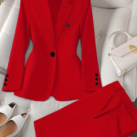 Women'S Casual Two-Piece Set, Fashionable Business Style, Solid Color, Long Sleeve, Polyester, with Lapel Collar, and Pants, for All Seasons SS69 52.69 Scarlet red / XXL