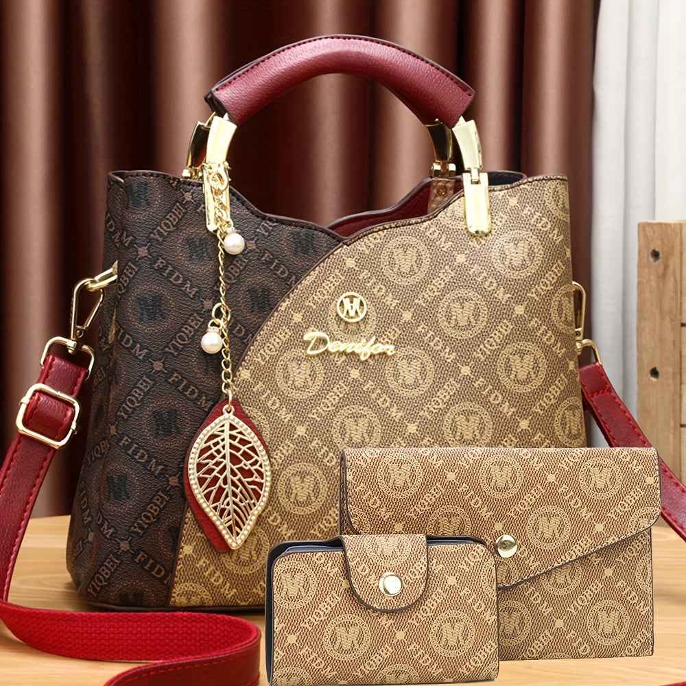 FIDM Women's 3pcs Golden  Handbag Collection - Elegant ic Closure Tote, Matching Clutch & Wallet/Purse, Luxury  for, Wedding, Travel (Golden-Tone, Durable & Versatile)