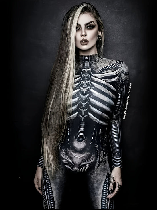 Women's Gothic Full-Body Jumpsuit - Sexy Full-Length Leg & Arm Coverage with Full-Length Zipper - Long Sleeve Party Costume with Full-Length Zipper & Full-Length Leg Jumpsuit for Costume Parties, Gothic Events, Performances - SS69