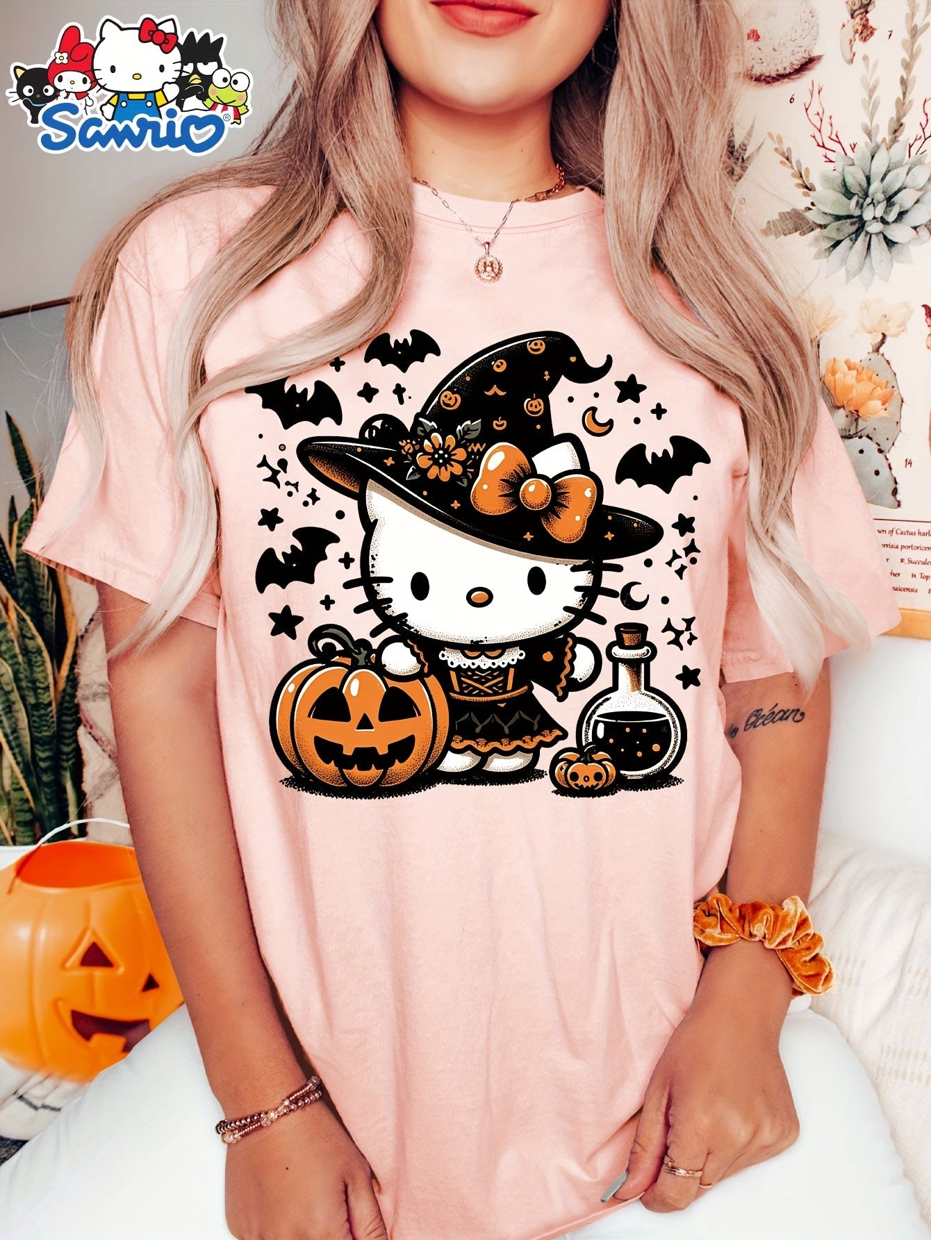 Sanrio Official Halloween Hello Kitty T-Shirt - Mummy Wrapped Graphic Tee with Orange Pumpkin, Casual Costume Party Outfit or Everyday Shirt for Women & Teens (S-XXL, Multi-Color Options) - Cute Sanrio Apparel, Halloween Clot SS69