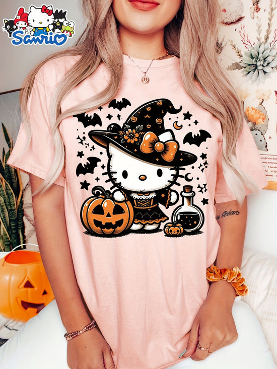Sanrio Official Halloween Hello Kitty T-Shirt - Mummy Wrapped Graphic Tee with Orange Pumpkin, Casual Costume Party Outfit or Everyday Shirt for Women & Teens (S-XXL, Multi-Color Options) - Cute Sanrio Apparel, Halloween Clot SS69