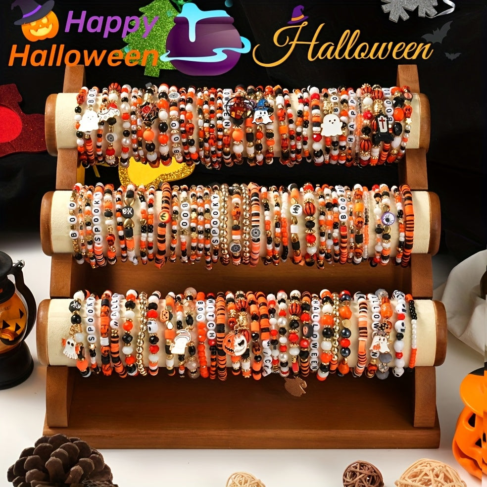 [Spooky Halloween Bracelets] 6/12/18/24/30/36pcs Spooky Halloween Beaded Bracelets | Goth Pumpkin Bat Witch Charm Stretch Stackable Bracelet Set for Women Men - Orange Beads Holiday Jewelry Gifts for Everyday Wear And Parties SS69