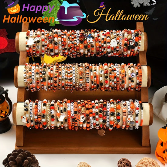 [Spooky Halloween Bracelets] 6/12/18/24/30/36pcs Spooky Halloween Beaded Bracelets | Goth Pumpkin Bat Witch Charm Stretch Stackable Bracelet Set for Women Men - Orange Beads Holiday Jewelry Gifts for Everyday Wear And Parties SS69