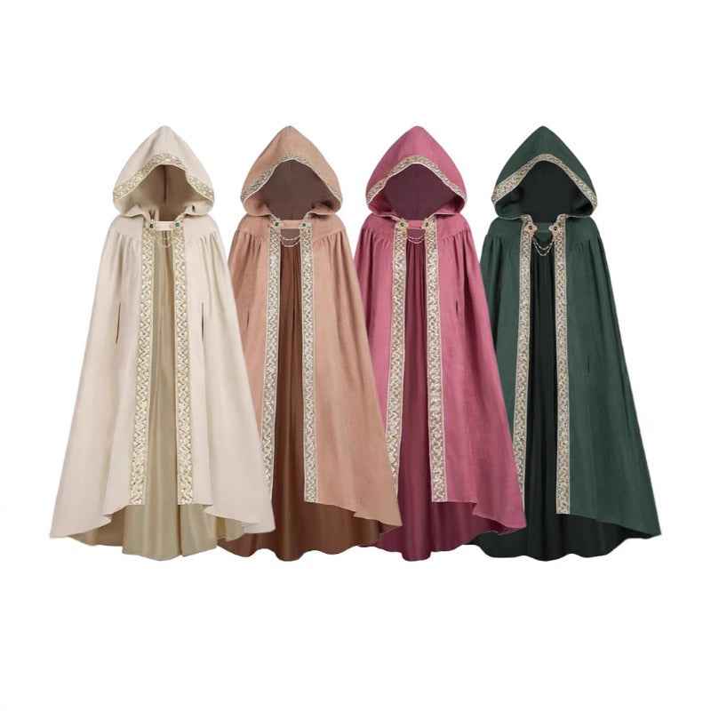 Medieval-Style Hooded Cape Costume, Celtic Knot & Satin Trim, Adjustable Tie-Front Closure, Renaissance Faire Outfit for Renaissance Festival Cosplay Themed Parties, Beige Pink Dark Green Burgundy