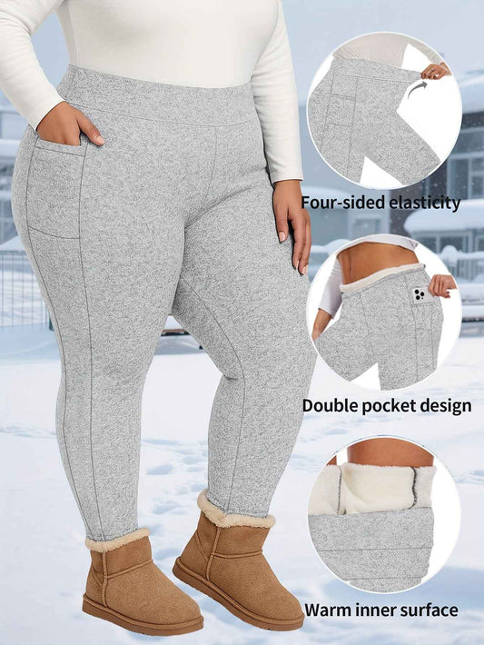Plus Size, Women's Thermal Full-Length Leggings with Pockets - High-Elasticity Snug-Fit Pants for Winter Warmth, Solid Color Casual Wear Suitable for Home,, & Outdoor