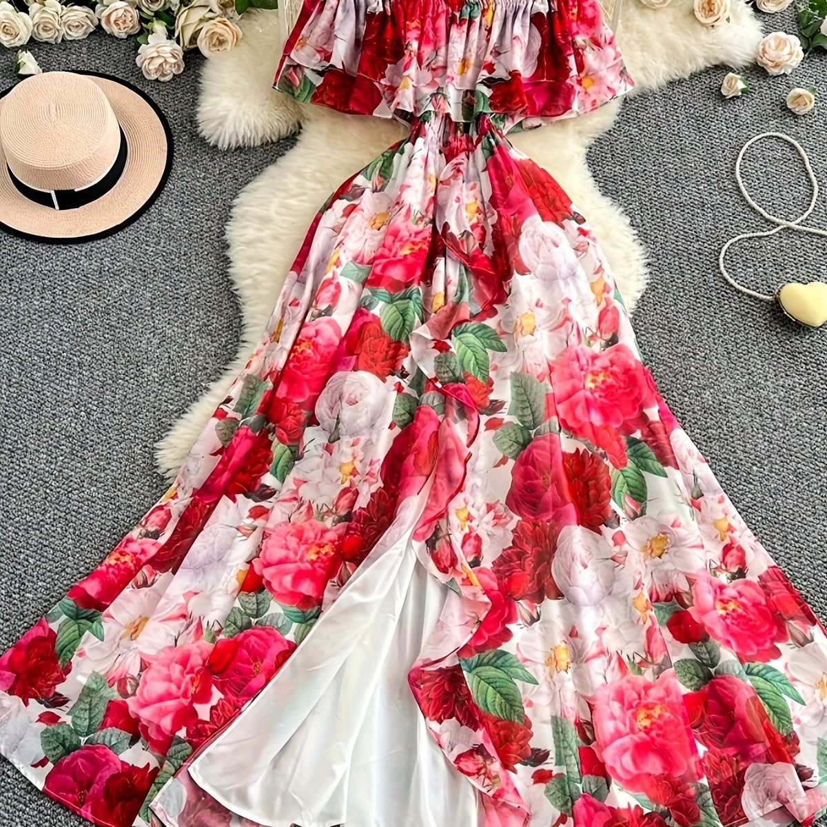 Women's Elegant Off-Shoulder Floral Print A-Line Dress - Lightweight 100% Polyester Summer Dress with Ruffled Sleeves & Hem, Machine Washable for Casual Outings, Dates, Garden Parties SS69 27.69 【Red】 / XXL