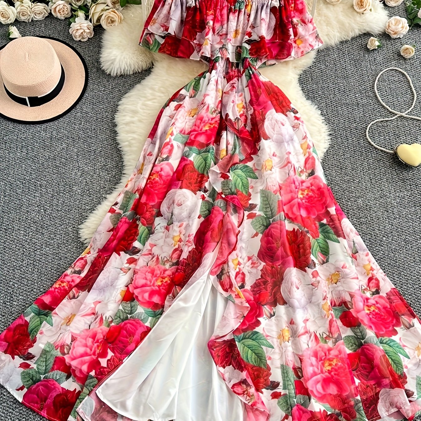 Women's Elegant Off-Shoulder Floral Print A-Line Dress - Lightweight 100% Polyester Summer Dress with Ruffled Sleeves & Hem, Machine Washable for Casual Outings, Dates, Garden Parties SS69 27.69 【Red】 / XXL